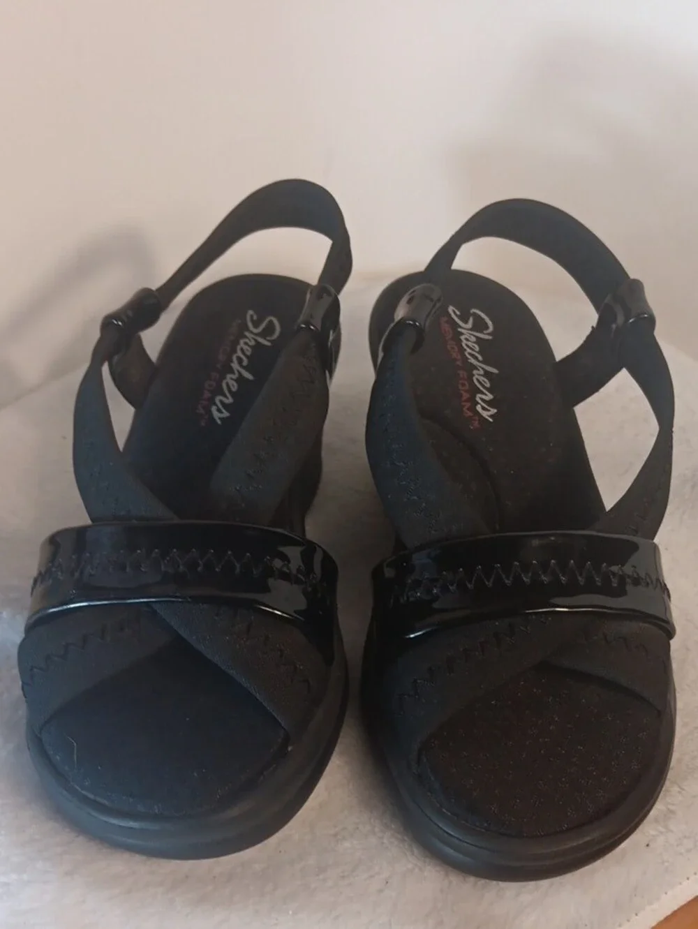 Skechers Black Women's Patent Strap Wedge Sandals